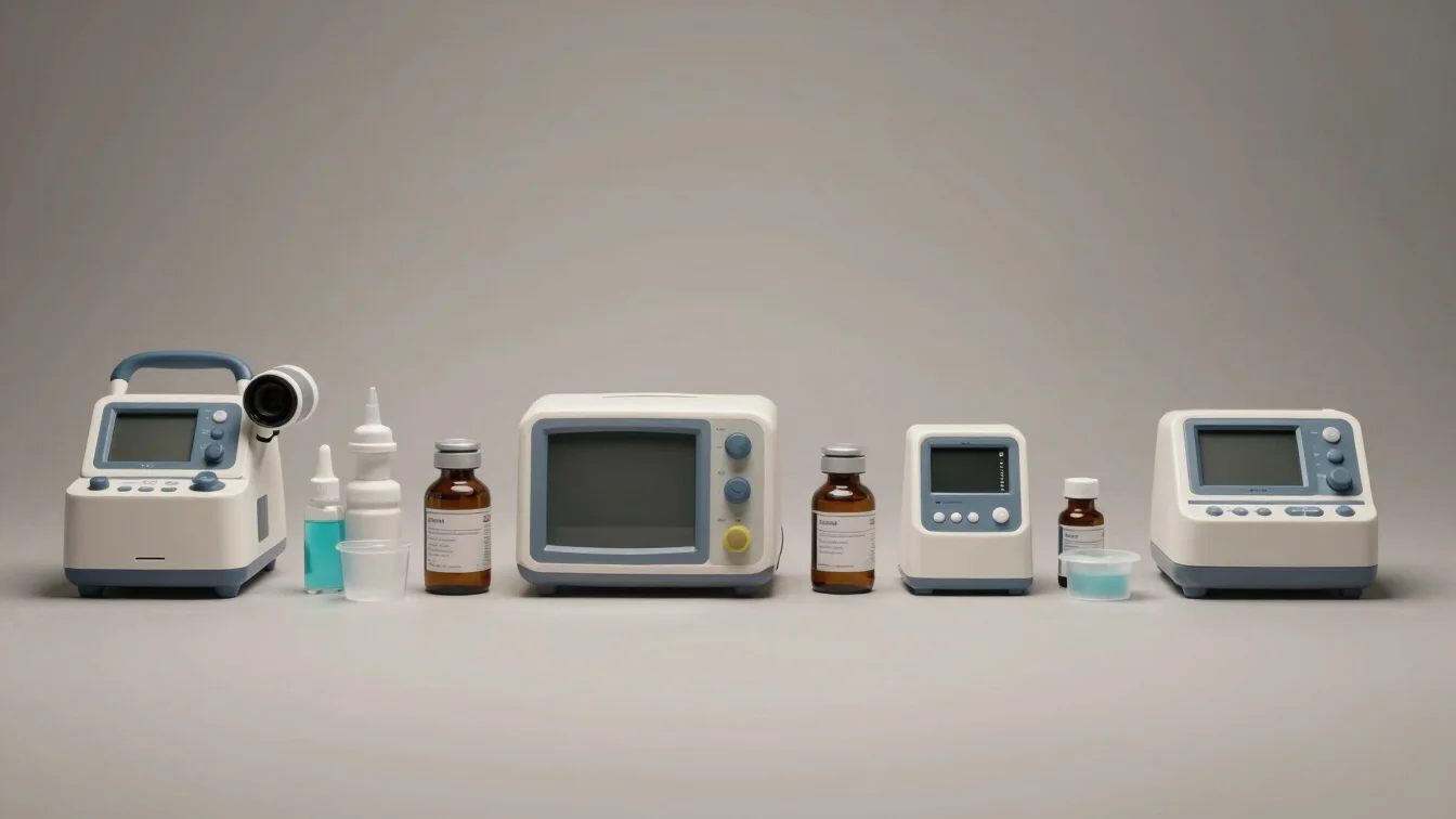 Editorial studio photograph of a row of medical equipment and accessories on a clean neutral surface, soft even studio l