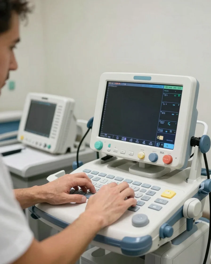 Editorial equipment photography of a technician calibrating a pat