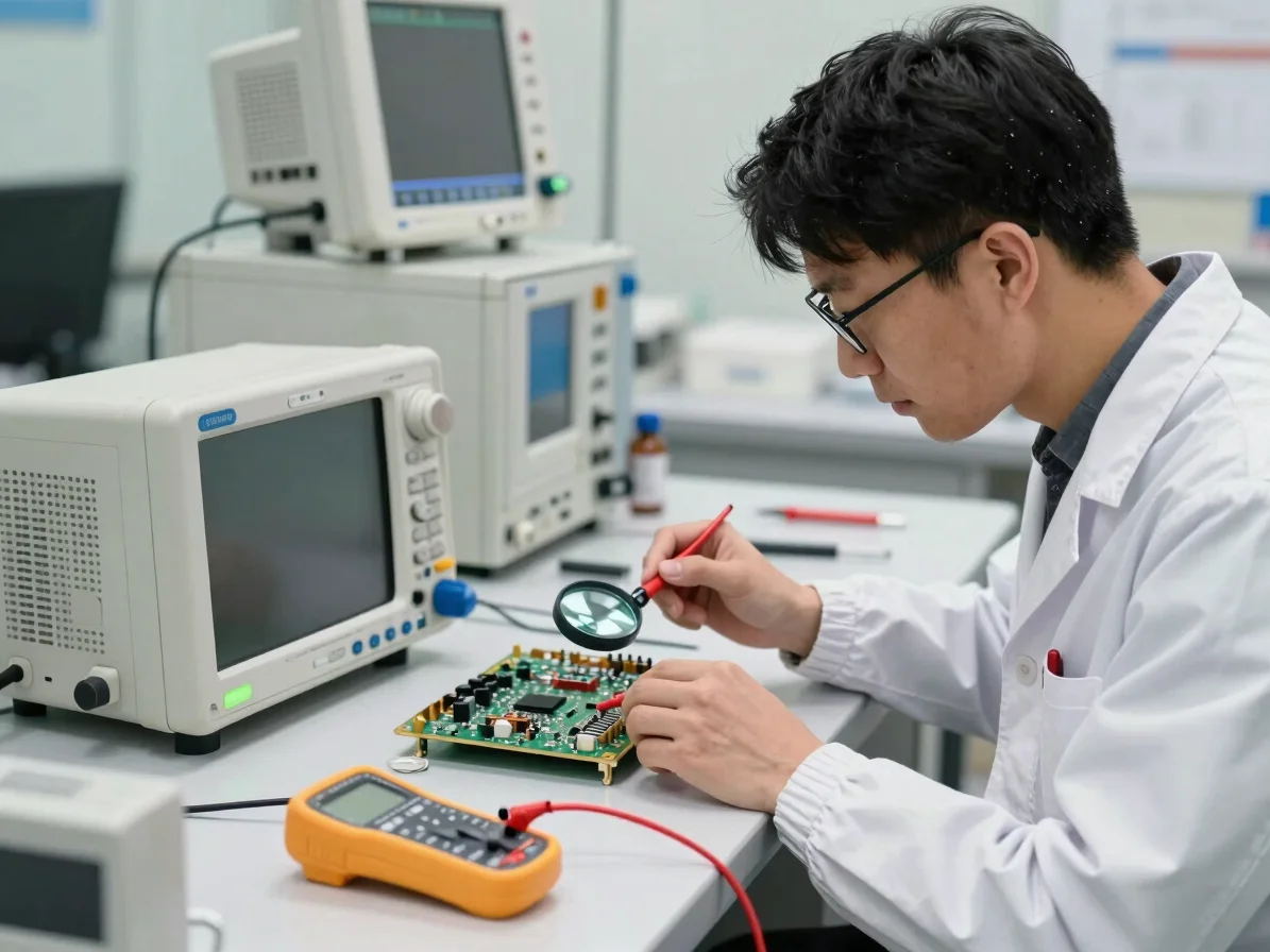 Technician at a clean workshop bench inspecting the internal circuit board of a medical monitor with a multimeter and ma