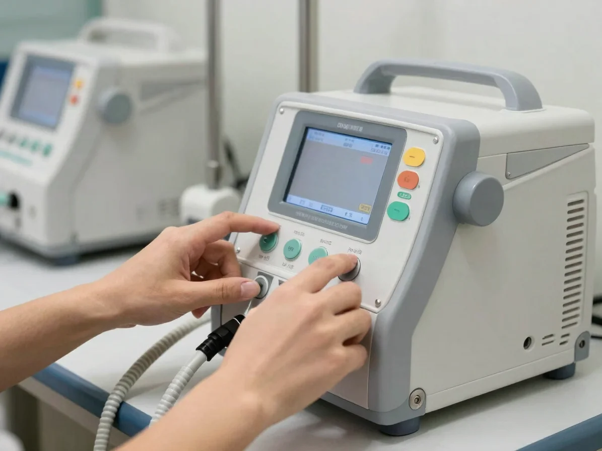 Close-up of hands calibrating the control panel of a clinical infusion pump on a workbench, soft even light, accurate eq