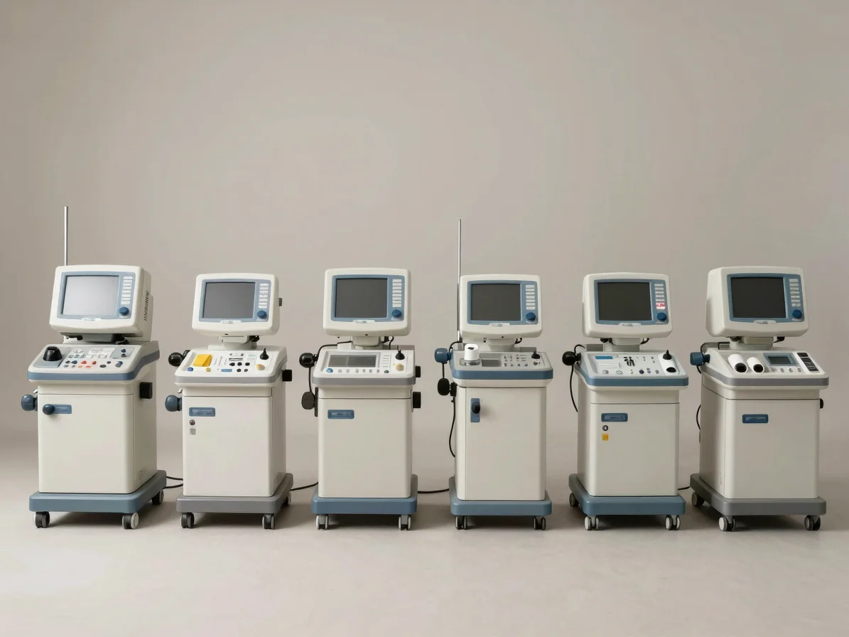 Organized row of retired medical equipment units and accessories arranged on a clean neutral surface, soft even studio l