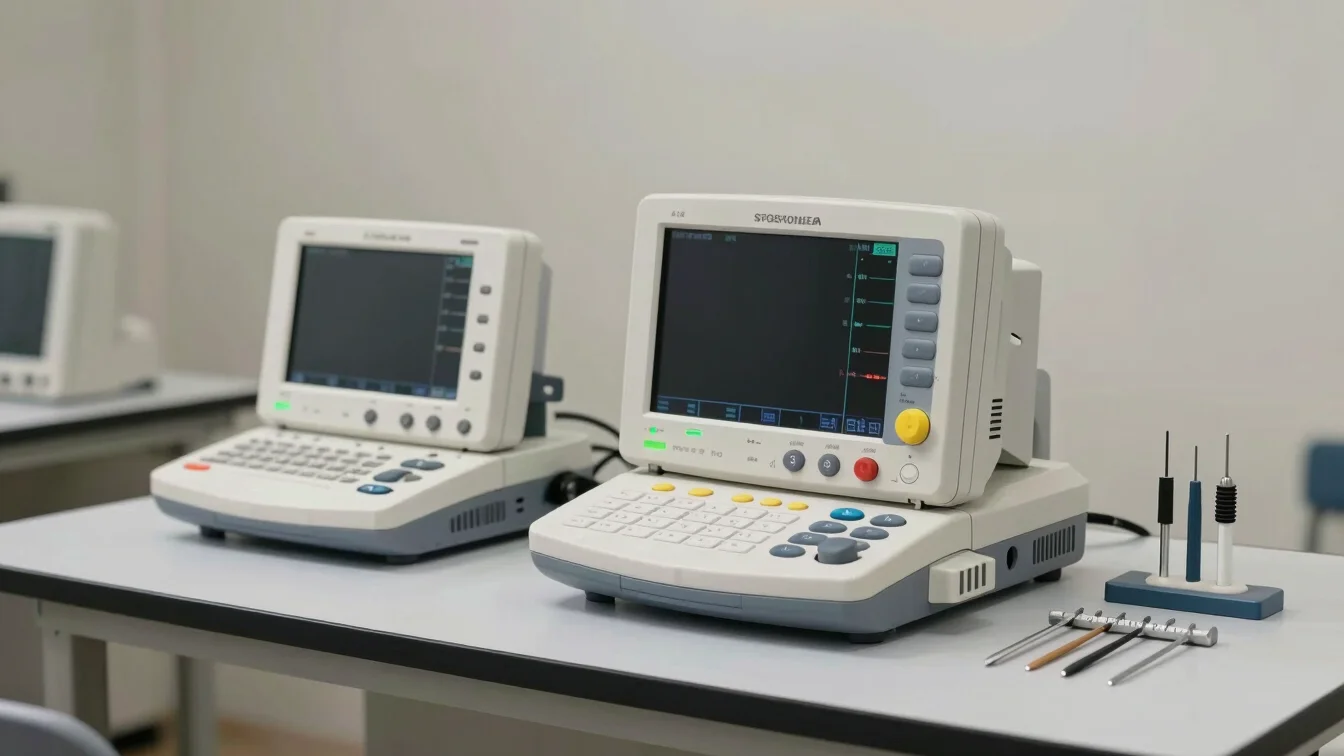 Editorial equipment photography of a biomedical monitor on a clean workbench under soft even studio light, calibration r