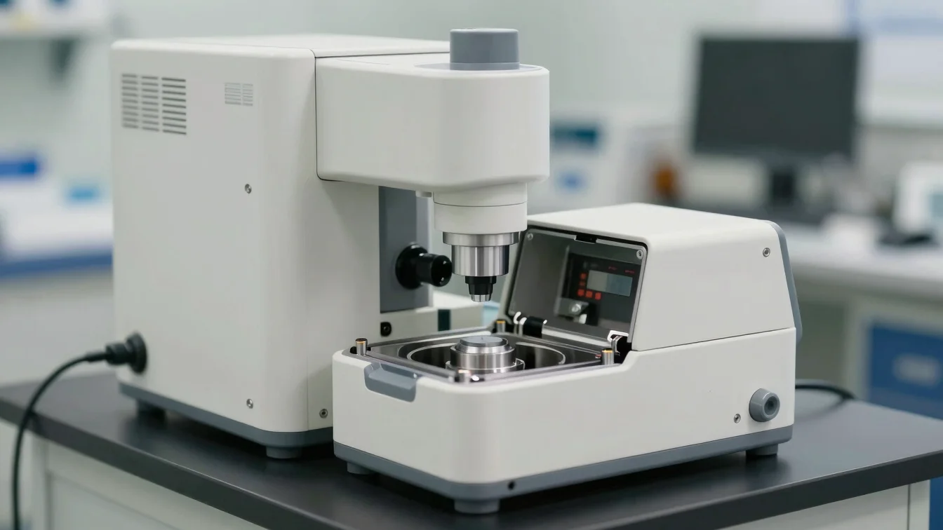 Editorial equipment photography of a medical device opened for inspection on a clean workshop bench, even soft light, re