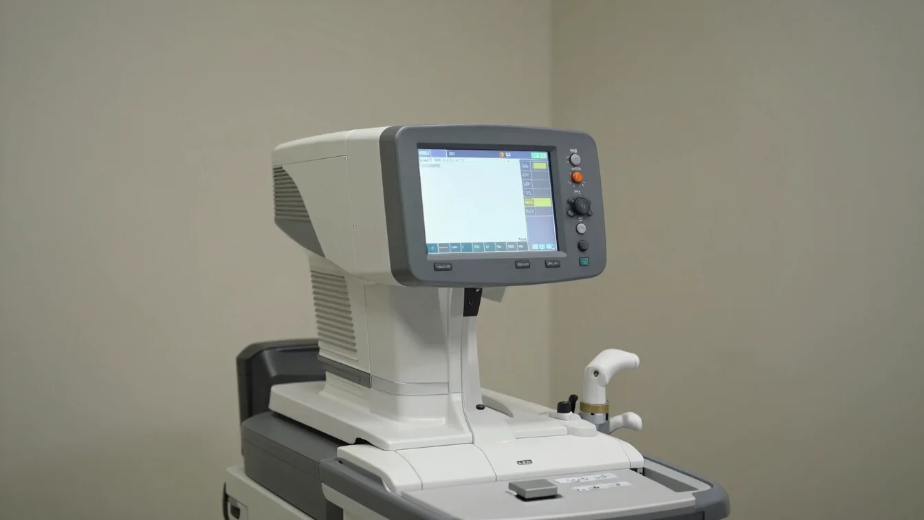 Editorial equipment photography of a diagnostic device front panel with controls and display in focus, soft even studio
