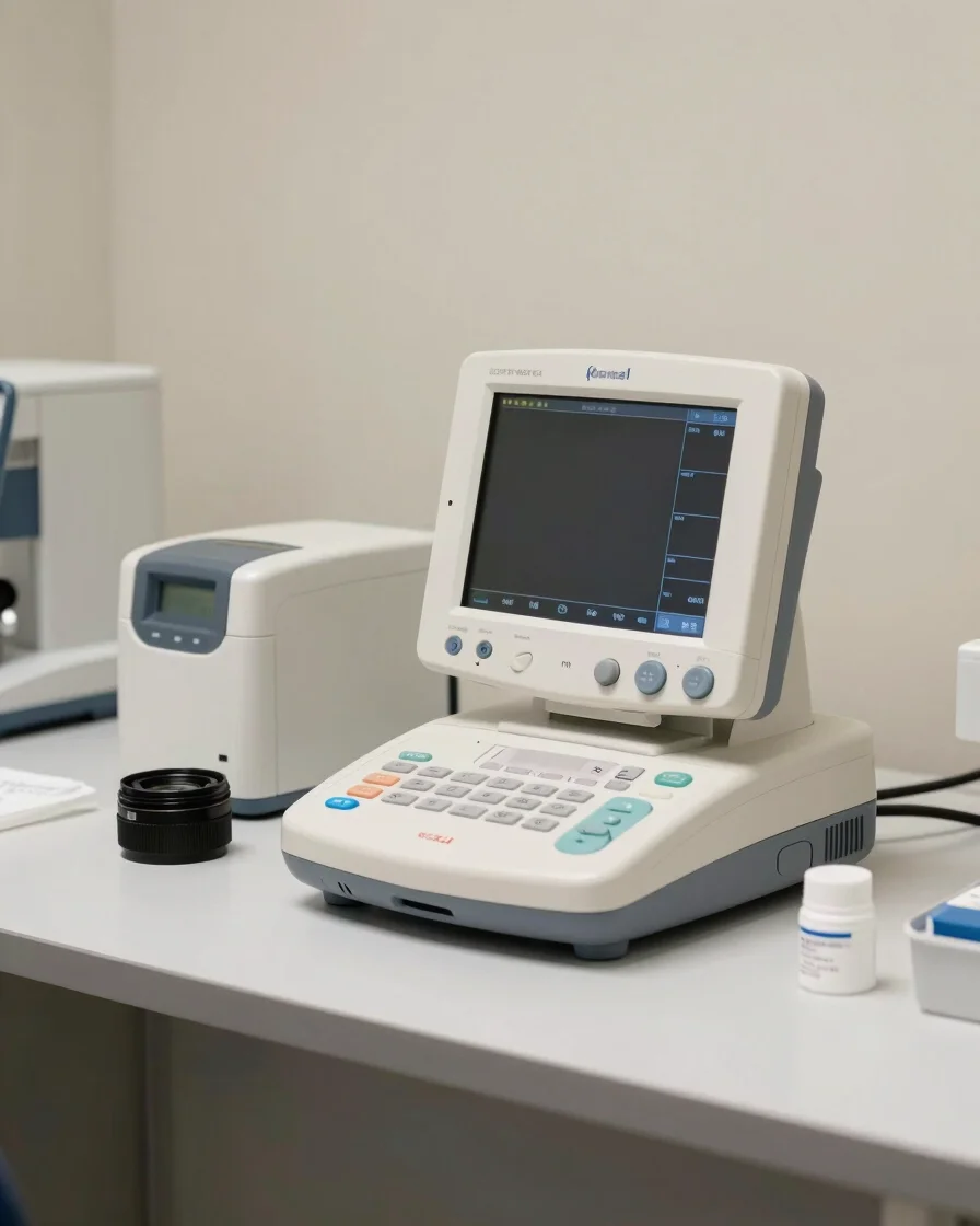 Wide editorial studio photograph of a biomedical diagnostic monit